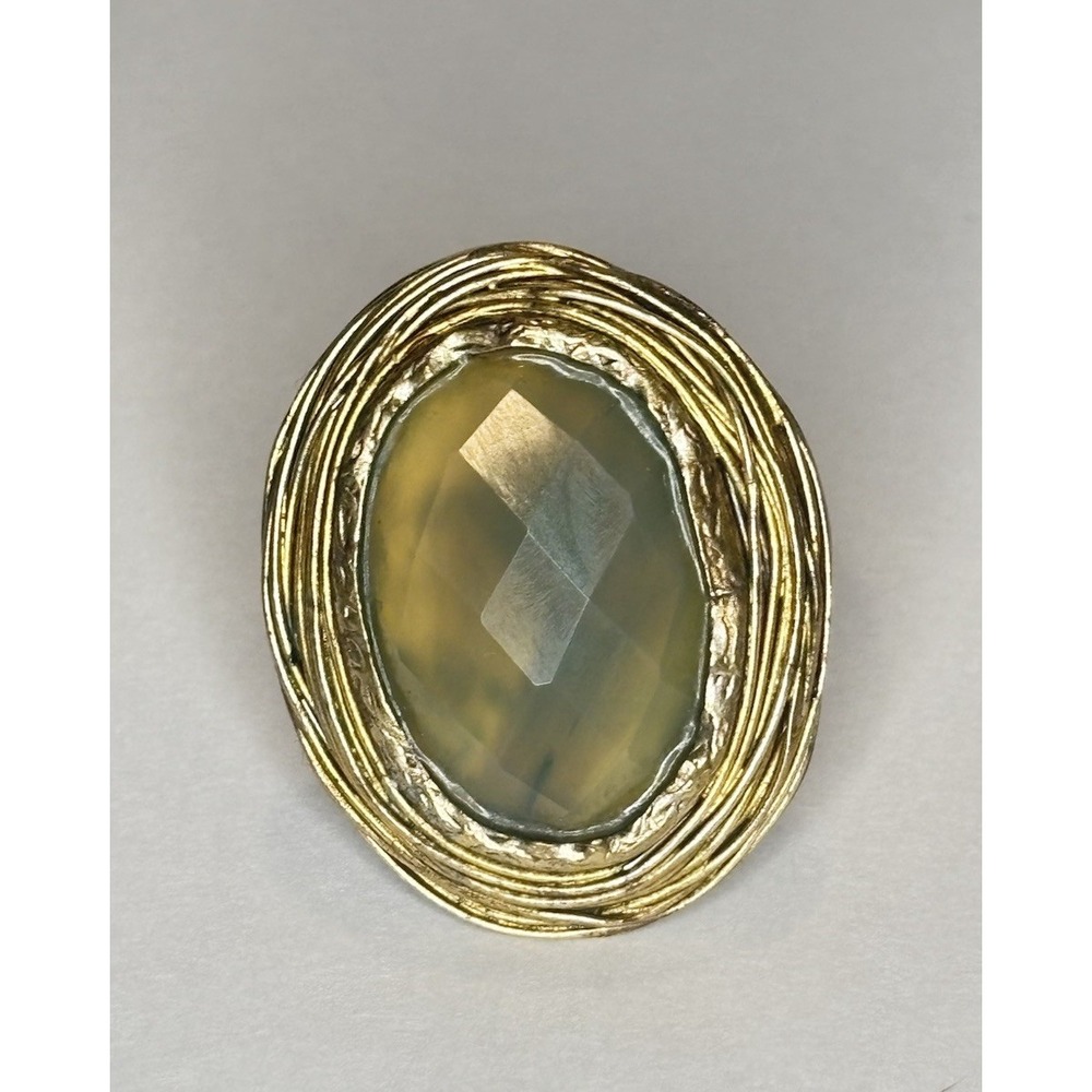 Vintage 70s Brutalist Gold Tone Sage Green Faceted Statement Ring Size 7.75